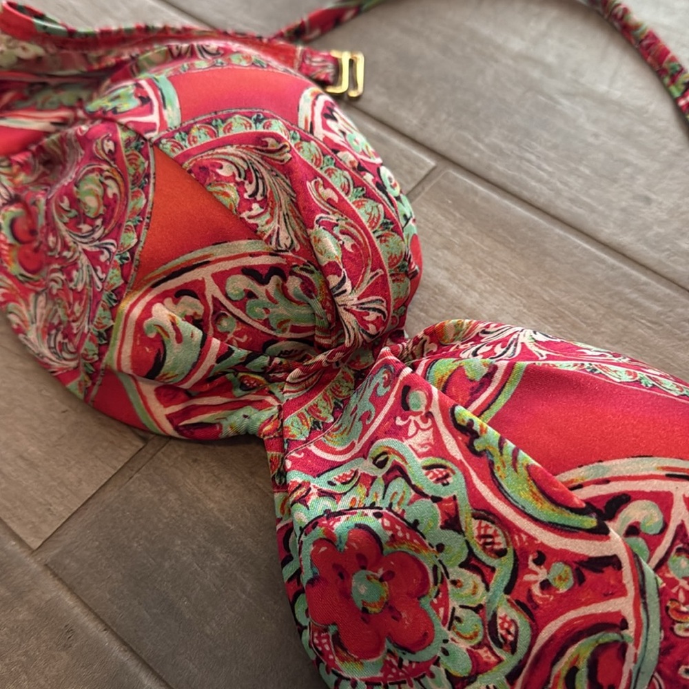 Vibrant Red and Green Patterned Bikini Top